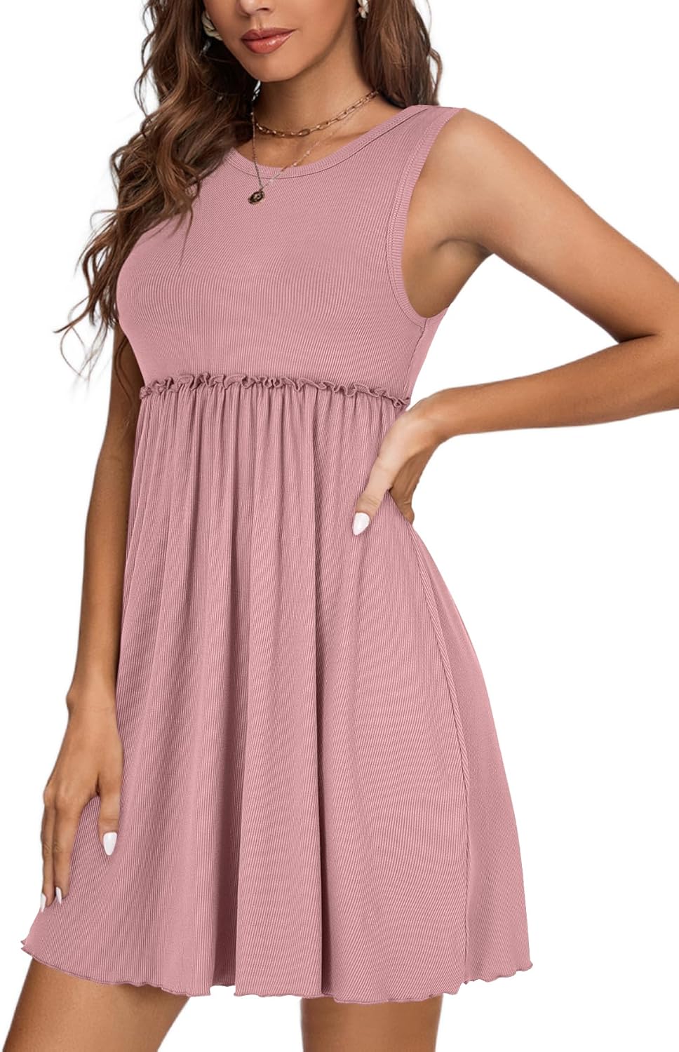 LYANER Women's Rib Knit Round Neck Frill Trim Flowy Shift Sleeveless Tank Mini Short Dress - Image 3