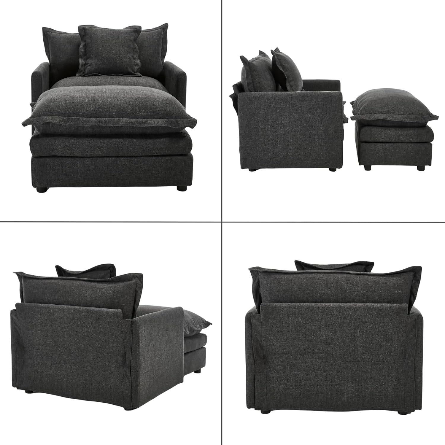 chairus Modern Accent Chair with Ottoman, Oversized Upholstered Living Room Chair, Comfy Sleeper Chaise Lounge Chair Indoor Club Chair for Bedroom Apartment, Black Linen