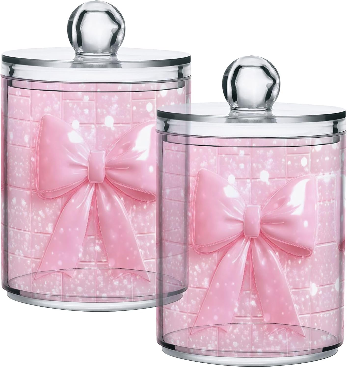 Bow Tie Pink Qtip Holder Dispenser with Lids 2 Pack Clear Plastic Jars for Storage Floss Cotton Swabs Hair Ties, Bathroom Dressing Table Storage Container
