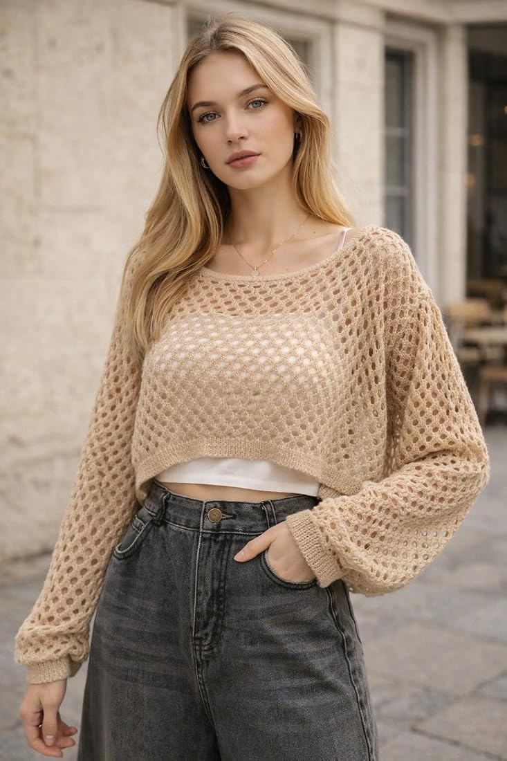 MYSTIFY®Women's Cropped Open Knit Top, Long Sleeve, Off Shoulder