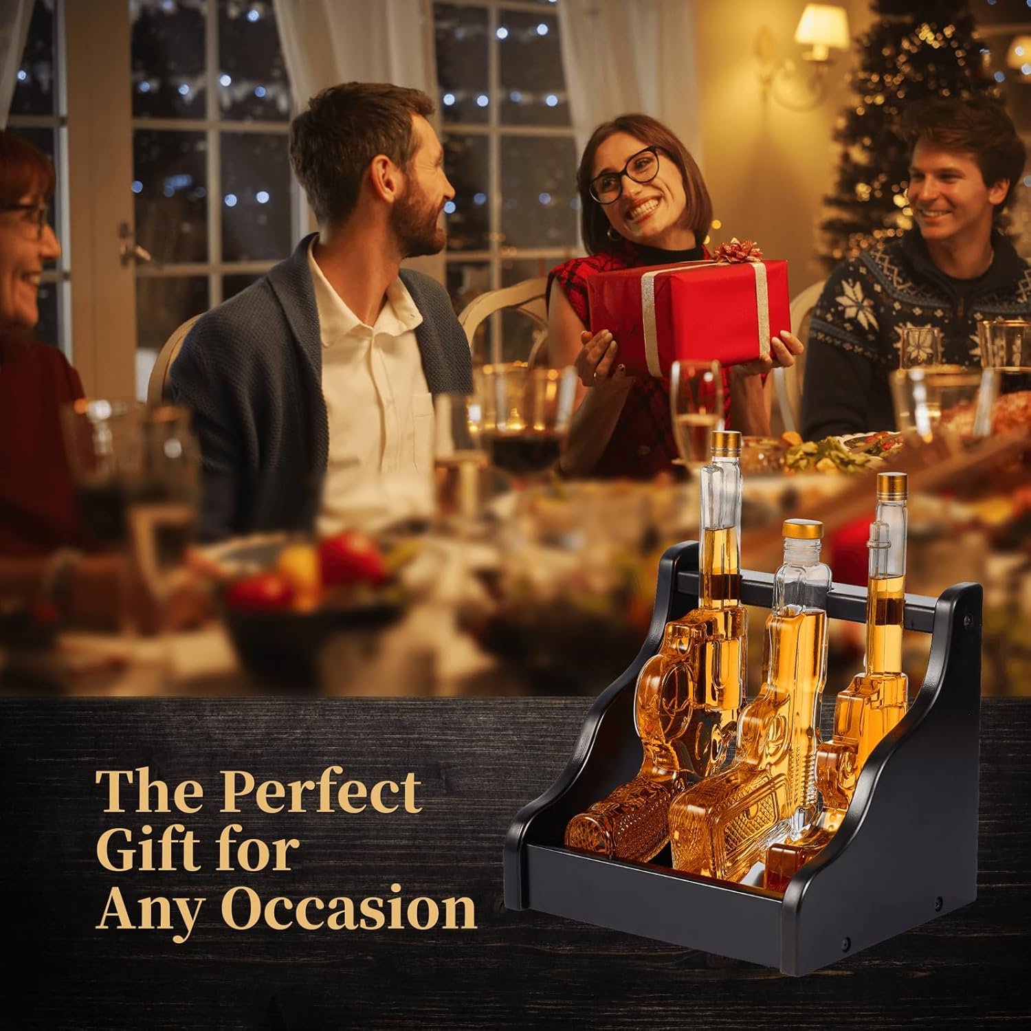 3 Gun Whiskey Decanter Set with Display Rack, Cool Birthday Gift Ideas for Men Dad Husband - Personalized Liquor Dispenser for Bourbon, Alcohol, Tequila, Whisky, Home Bar Drinking