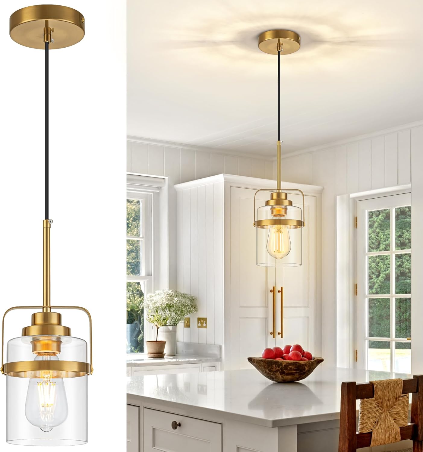 Modern Brass Pendant Lights Kitchen Island Light, Adjustable Hanging Light Fixture with Clear Glass Shade, Farmhouse Pendant Light for Dining Room Bar Over Sink/Table/Counter, 1 Pack