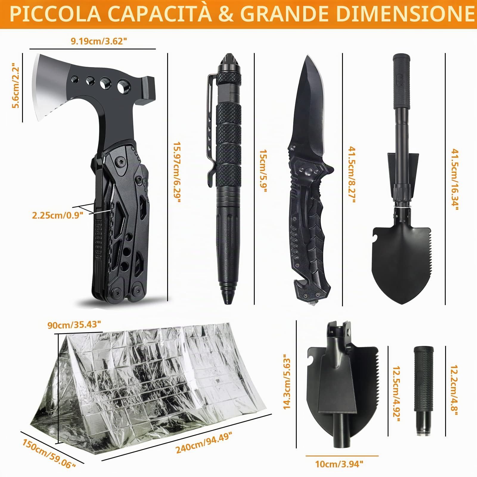 Kit di sopravvivenza all'aperto kit di pronto soccorso, 180 pezzi attrezzatura di sopravvivenza con filtro per l'acqua cannuccia ascia a martello multifunzione, regali per uomo campeggio/avventura