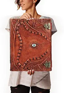 Customizable Hocus Pocus Book of Spells Leather Journal with Third Eye Deckle Edge Paper, Vintage Spell Book, Antique Witch Grimoire with Lock Clasp (10 x 13 inches)