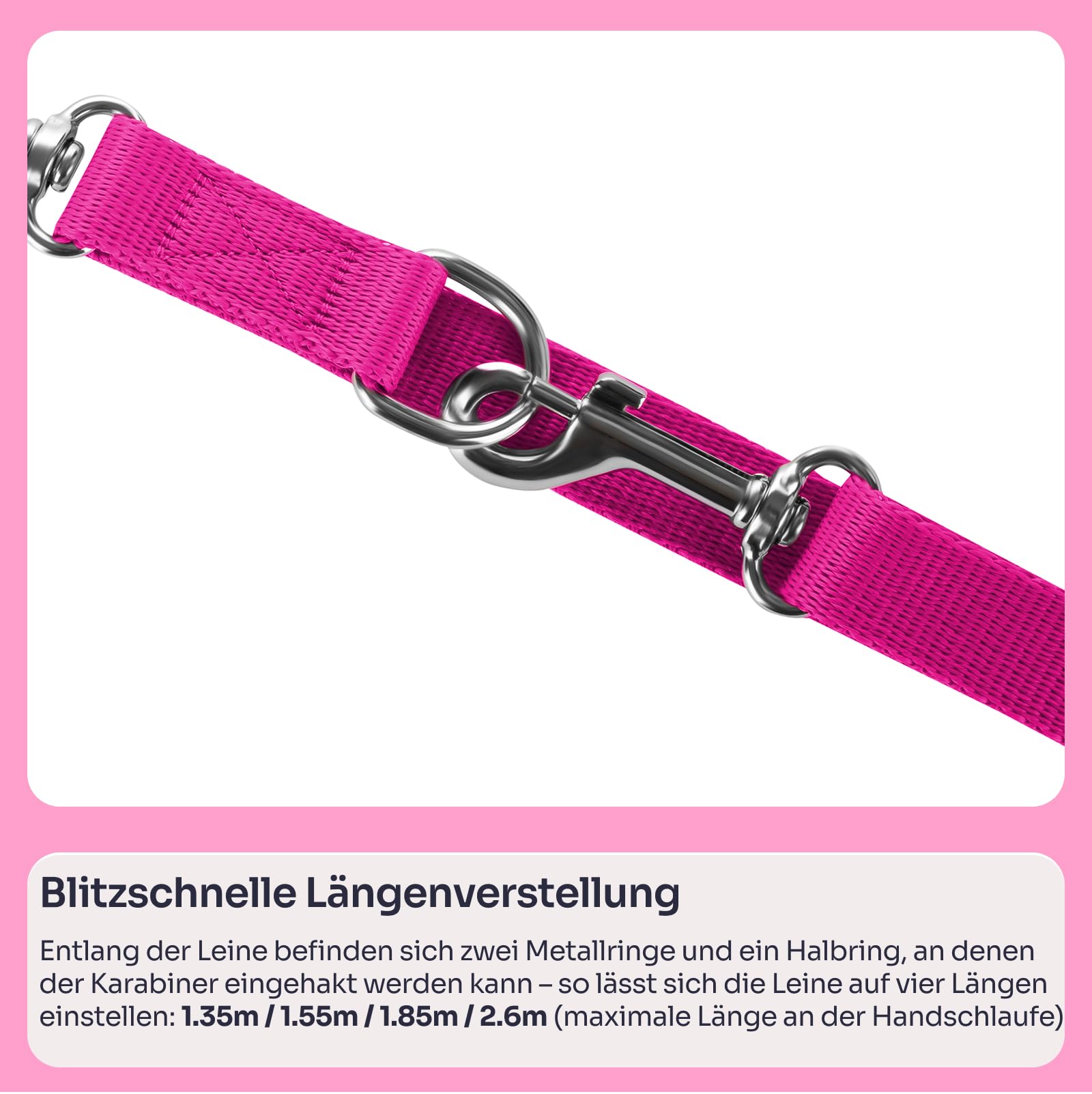 Chaba Hundeleine für Kleine Hunde mit 2 Karabinern | Spaziergang mit Zwei Hunden gleichzeitig | Verstellbar 1.35-2.6m | Breite 1 cm | 2 Tragevarianten | Leicht | Robust | Dog Leash | Fuschia, S