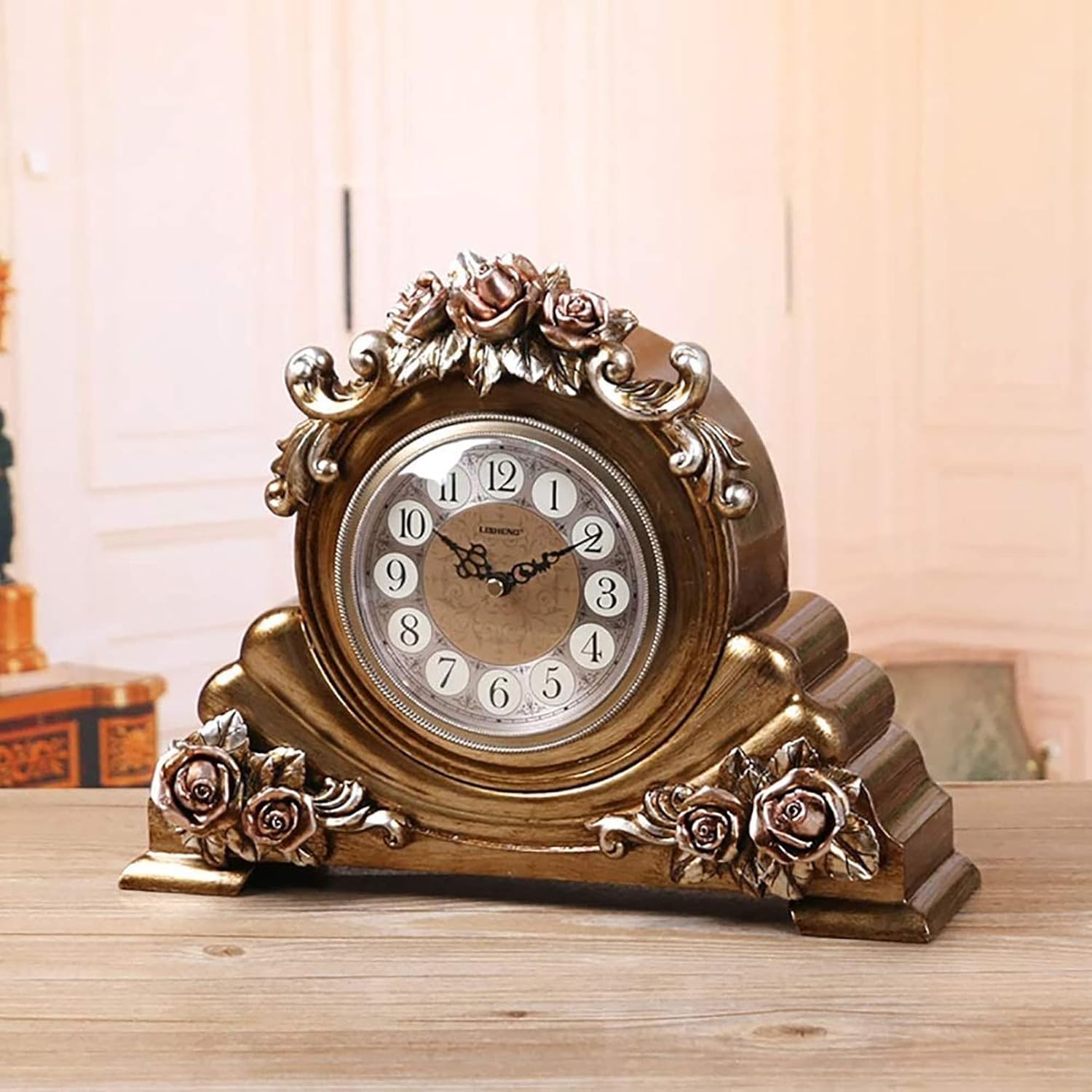 Mantle Clock with Three-Dimensional Carving Rose Fireplace Clock Made of Resin Retro Desktop Clock