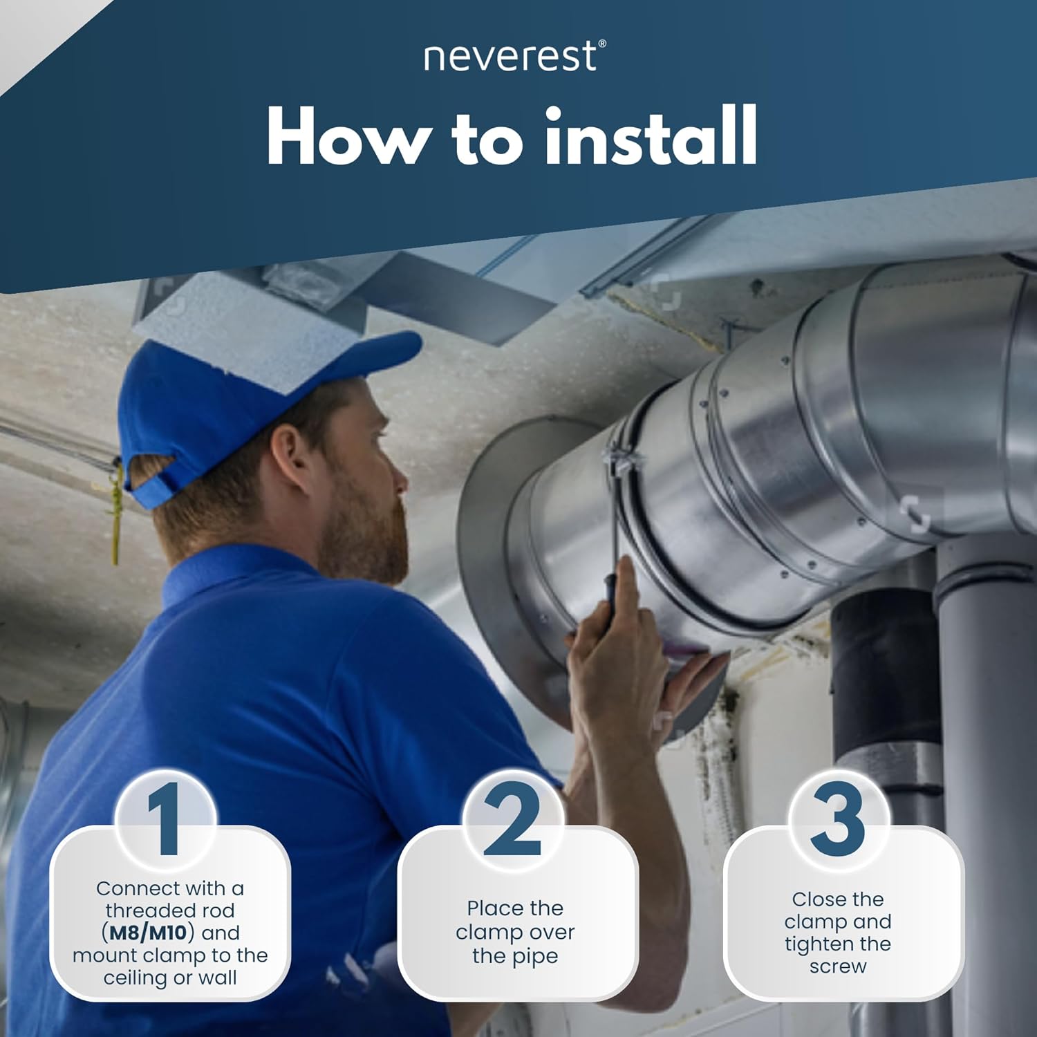 neverest® RS 6 Inch Pipe Hangers and Supports 6 Pcs with Rubber Seal Steel Stove Pipe Holder Combination Thread M8/10 Metal Round Pipe Clamps