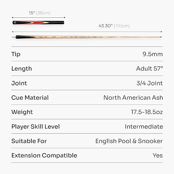 CRUCIBLE Hand Spliced ¾ Jointed 57 Inch Snooker Pool Cue with Smooth Premium Ash Shaft and Ebony Style Butt with a 9.5mm Pro Leather Tip – Includes 6 Inch Mini Butt Extension