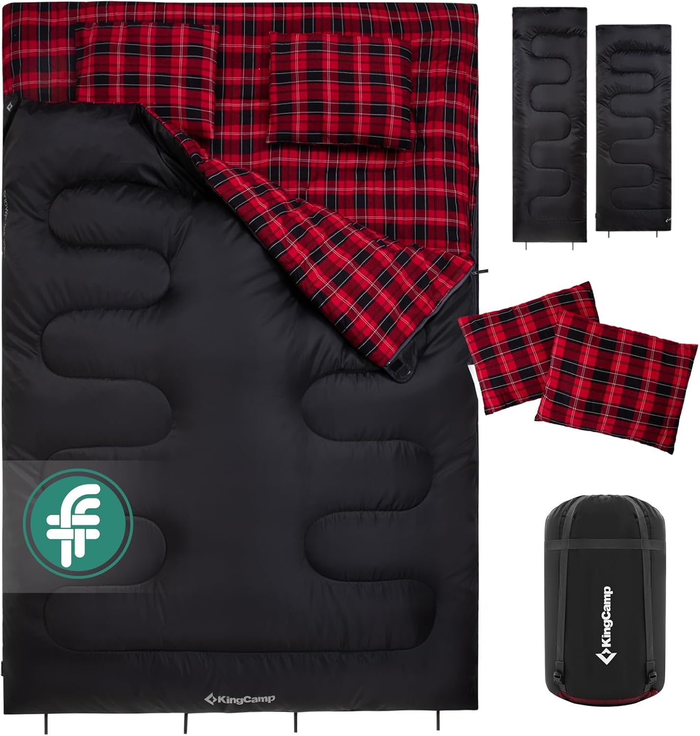 KingCamp Doppelschlafsack Baumwolle Flanell Winter Schlafsack 2 Personen Warmer Deckenschlafsack 3-4 Jahreszeiten mit 2 Flanell Kissen für Kinder & Erwachsenen Camping Reisen und Aktivitäten Outdoor
