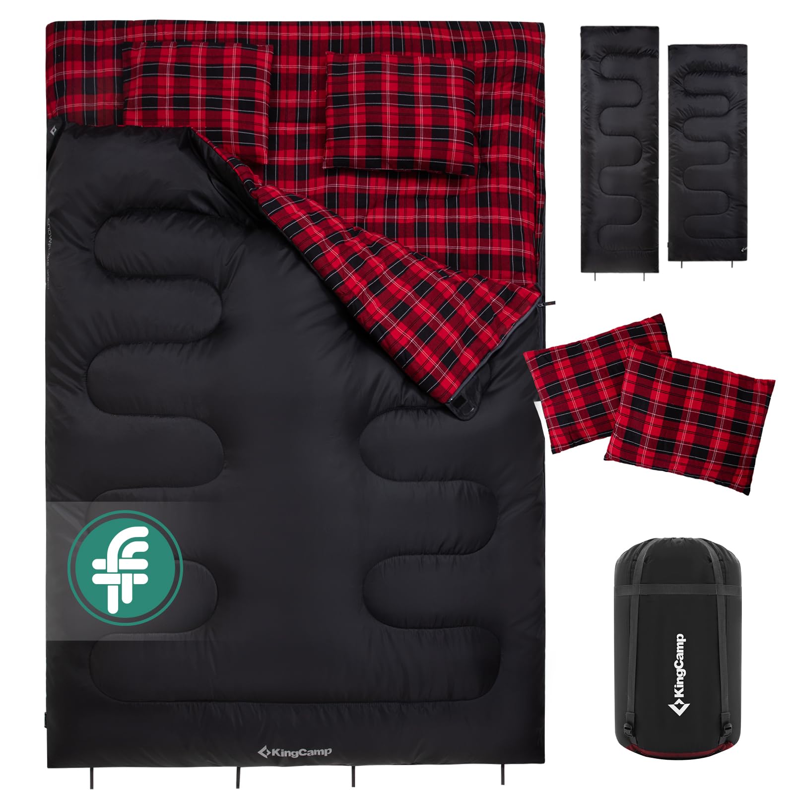 KingCamp Double Sleeping Bag with Pillow 4 Season, Sleeping Bags for Adult Kids Cotton Flannel Winter Lightweight Extra Large 2 Person for Camping Backpacking Hiking Indoor Outdoor Black