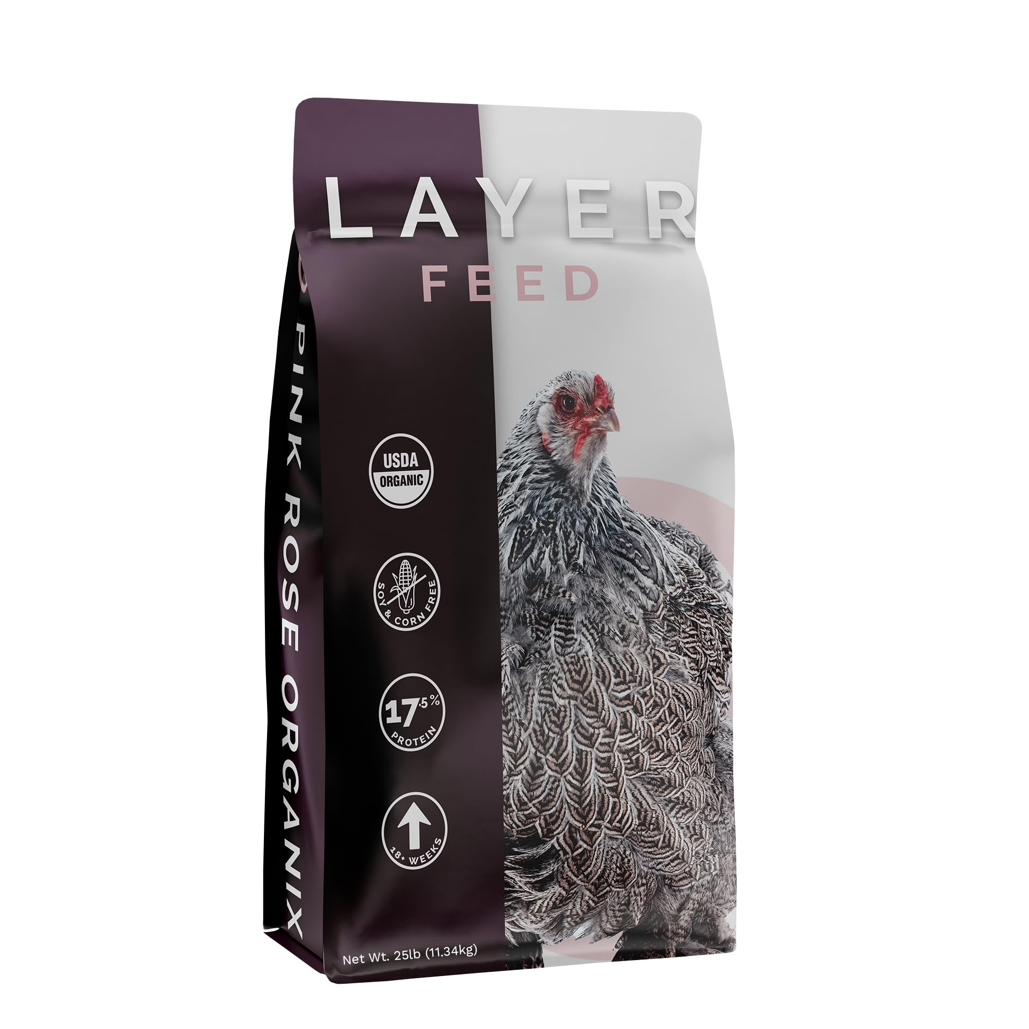 Pink Rose Organix Layer Pellet Feed, 25lbs - Non-GMO, High-Protein Poultry Feed for Healthy Hens & Nutritious Eggs, 17.5% Protein - USDA Certified