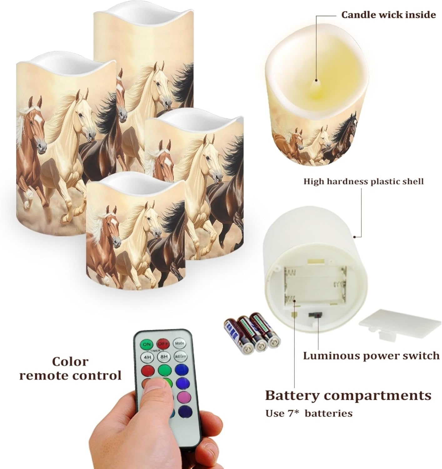 Horse Flameless Candles Flickering Battery Operated with Timer, Led Pillar Real Wax Candles Warm Light for Women Men Family Holiday Birthday Gifts Party Bedroom Home Decor