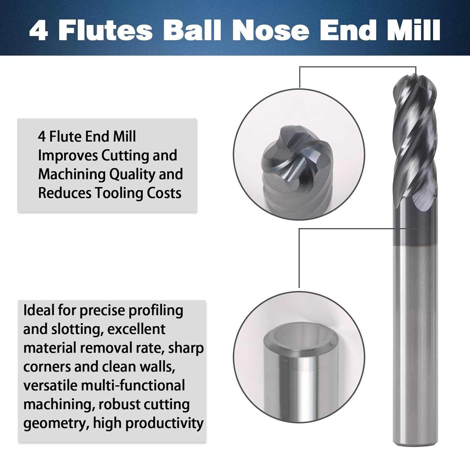 AlTiN Coated Carbide Ball Nose End Mills 5-Pack for Hardened Steel & Aluminum, 5/32” 4 Flute CNC Router Bits for 3D Contouring, Engraving in Wood & Titanium, 3/16” Shank