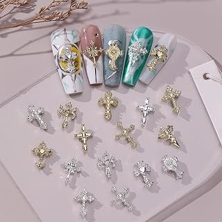 3D Cross Nail Charms for Nail Art, 80 Pcs Metal Crystal Cross Nail Decorations, Alloy Nail Studs and Rhinestones for Women Girl DIY Jewelry Crafts Supplies (80 PCS Gold+Silver)