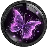 Artinhand 4 Pack Sparkling Purple Butterfly Cabinet Knobs Round Drawer Pulls Purple Butterfly Knob Cupboard Door Handles Hardware for Kitchen Bathroom Cabinets