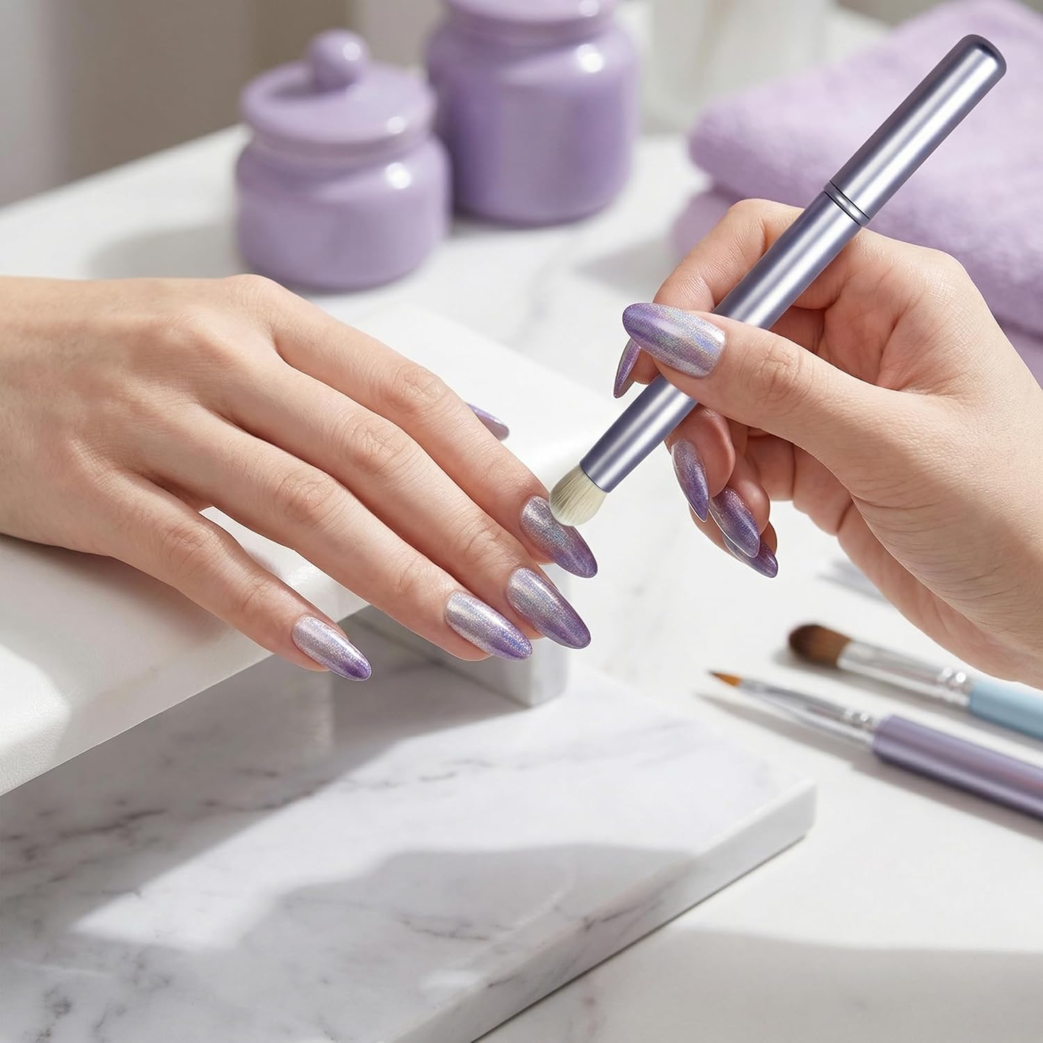 Chrome Applicator For Nails Silicone Double Ended Nail Powder Brush Pen Chrome Nail Powder Applicator Tool For Gradient Pigment Glitter Acrylic Manicure Purple