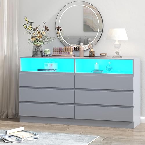 Miniatura 3 de Gyfimoie Cómoda doble de 6 cajones con toma de corriente, cajones decorativos con luz LED, cómoda de almacenamiento moderna para dormitorio, sala de