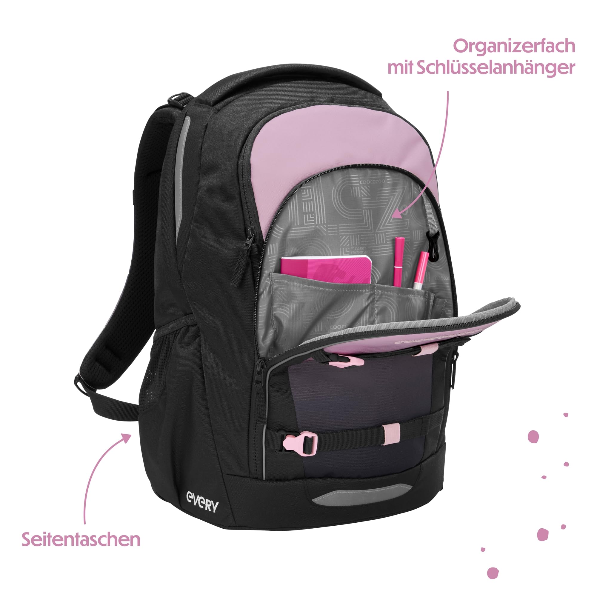 Coocazoo Schulrucksack EVERY „Rose Shadows“, schwarz-rosa, ergonomischer & anpassbarer Tornister, höhenverstellbar, mit Brustgurt & Hüftgurt, ab der 3. Klasse