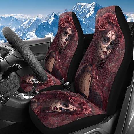 Bulopur Sugar Skull Girl Car Seat Covers Fluffy Fuzzy Seat Covers for Carseats Women Automotive High Back Bucket Car Seats Cover & Accessories for SUV Truck Van Sedans