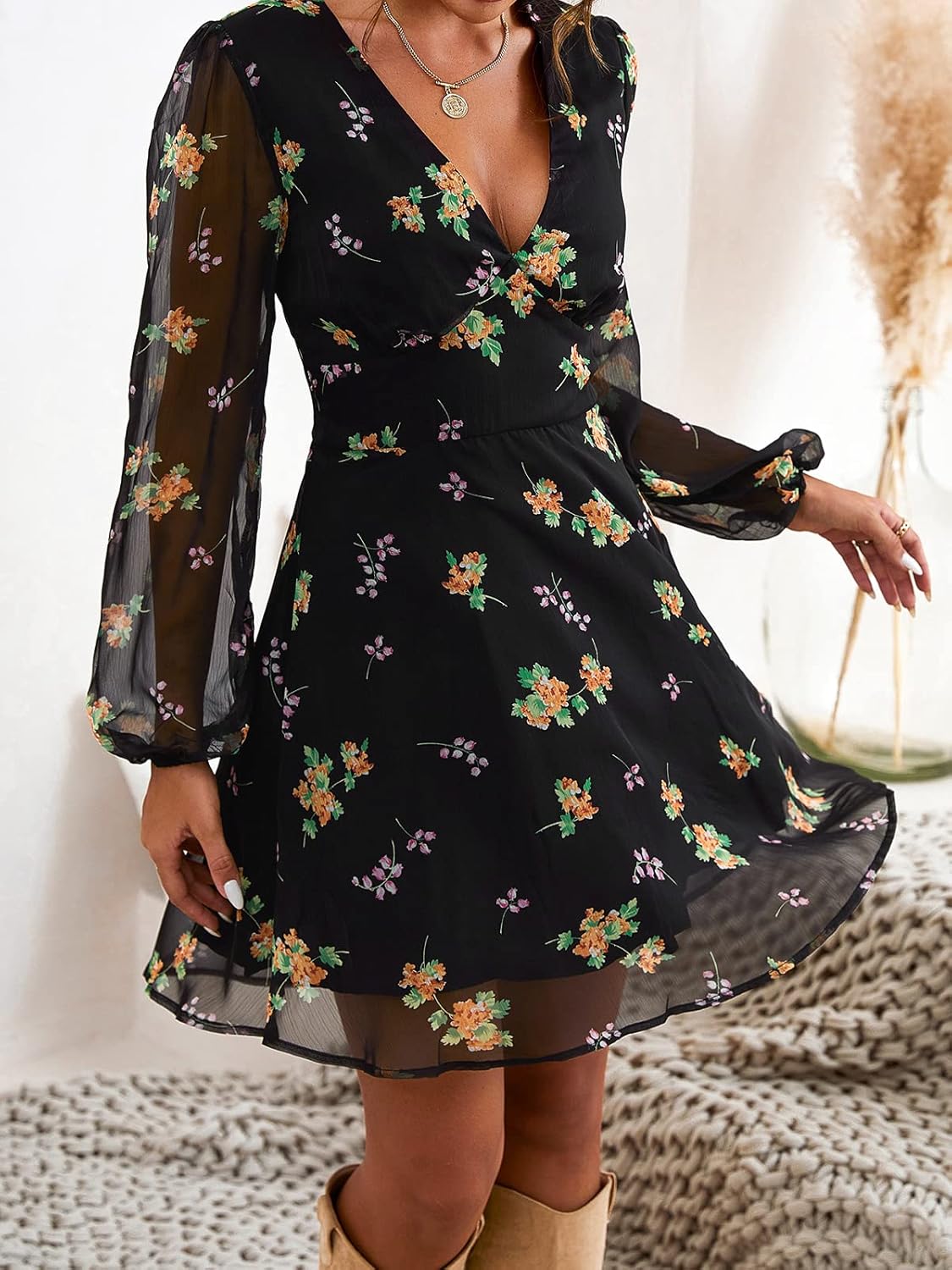 CUPSHE Women's Mini Dress Casual Floral Chiffon Flowy Dresses Long Sleeve Dress for Women - Image 2