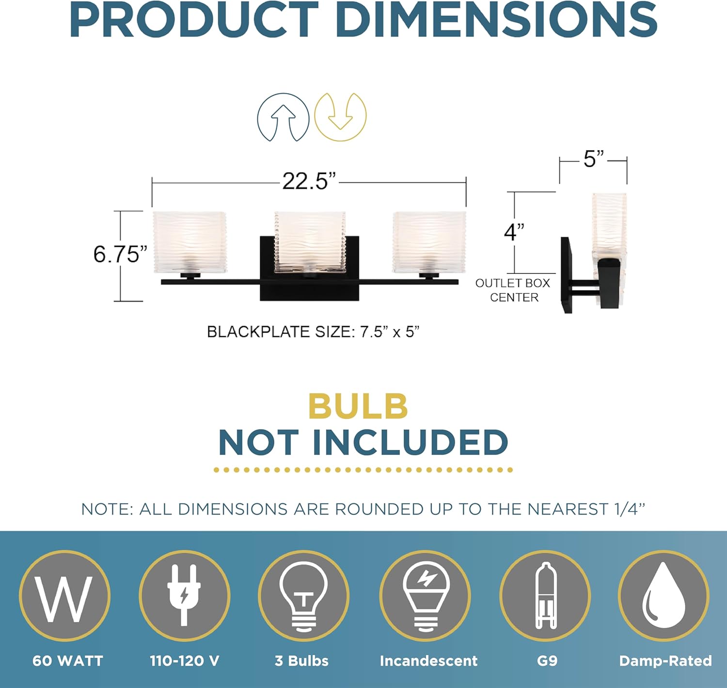 Quoizel Westcap Modern Vanity Lights, 3-Light, 22.5 Inch Matte Black Bathroom Lighting Fixtures Over Mirror, Sandblasted Glass, G9 Bulb, Transitional Wall Light for Bathrooms, Kitchen or Hallway