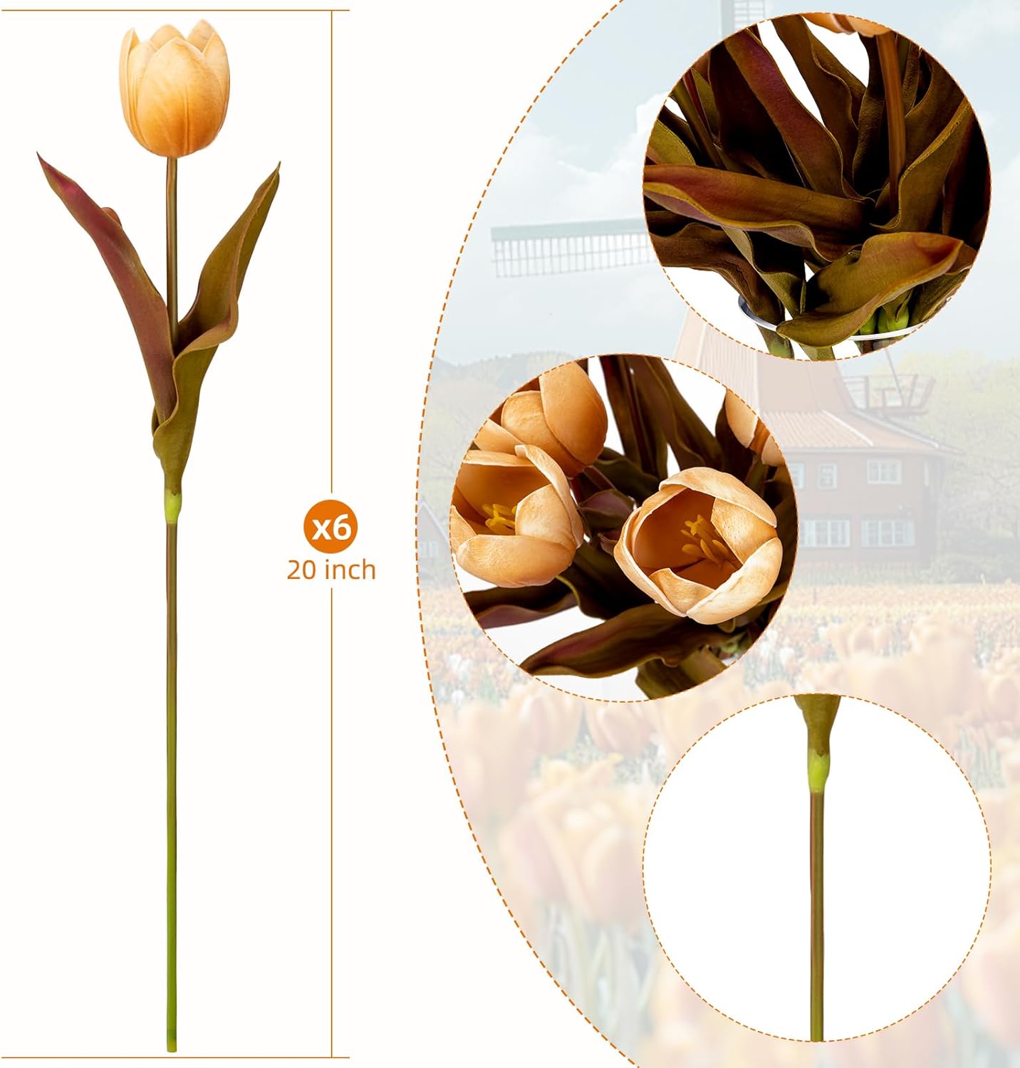 6 PCS 20inch Fall Artificial Tulip Orange Silk Tulips Flower Faux Autumn Tulip 3D Real Touch Flowers for Home Party Wedding Floral Arrangement Centerpiece Table Party Decoration(Orange) - Image 2