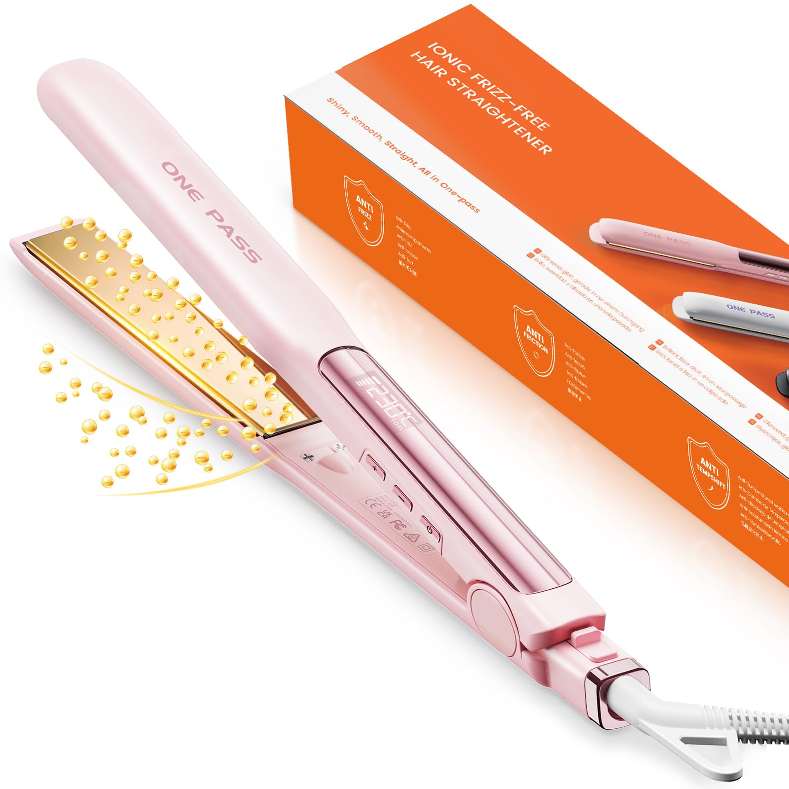 Faszin Glätteisen, Titanplatten Ionen Haarglätter für einen glatten Stil, 3D-Schwebepanel verhindert Haarziehen, mit LCD-Display, 130°C-230°C (Rosa, 30mm)