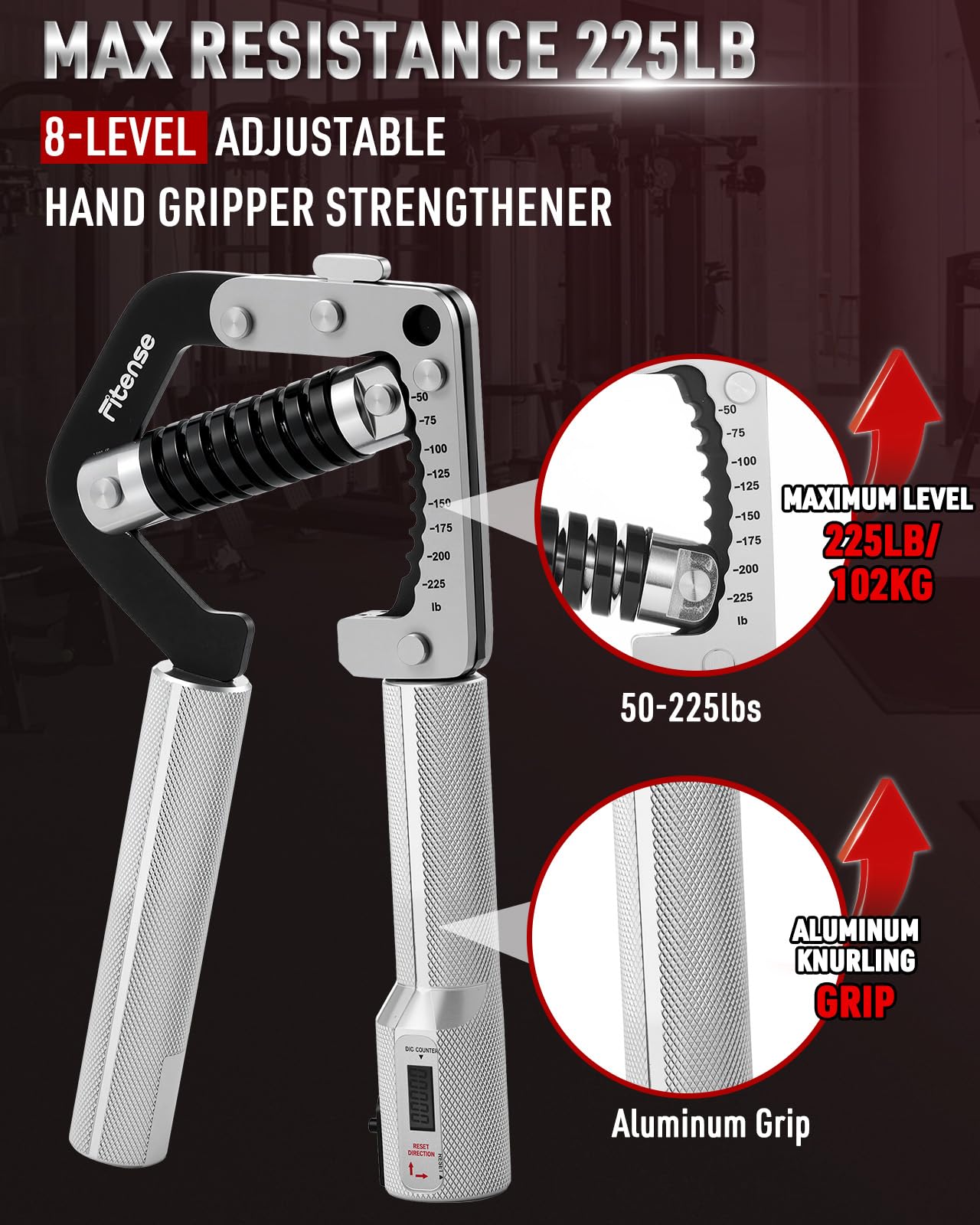 Fitense Appareil de Musculation Mains et Doigts, Renforceur de Force de Préhension Réglable (50-225lb/22-102kg), Entraîneur Avant-Bras et Poignets, Poignées Réglables pour Développer Force et Muscles