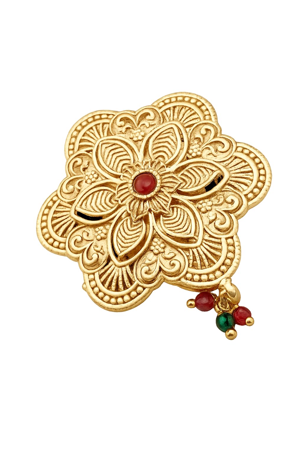 Guru Chhaya Gold Plated Floral Brooch Pin for Women | Antique Flower Saree Pin with Red Crystal Stone & Bead Tassels | Designer Brooch for Saree, Dupatta, Shawl, Kurti, Blazer | Wedding & Festive Jewellery-image-25