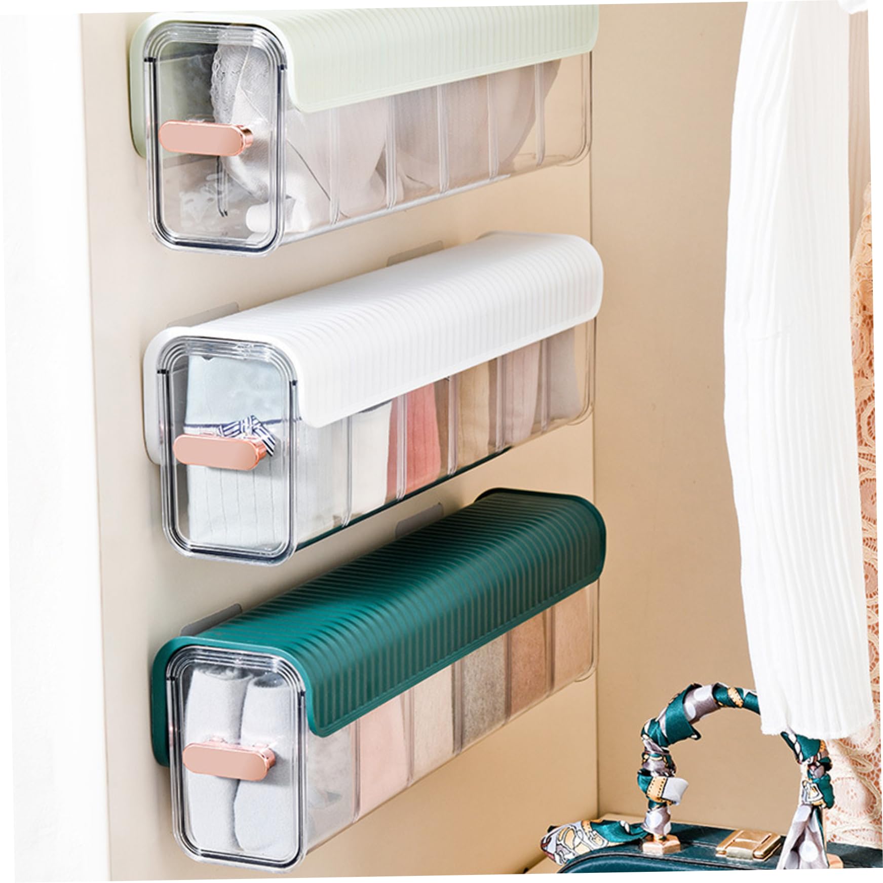 Unterwäsche Aufbewahrung Wandmontage Unterwäsche Aufbewahrungsbox 3pcs Punch-Free 6-Gitter transparente Unterwäsche Schubladen Organizer Schrankgarderobe Socken Organizer für Brashalle Krawatten Scha