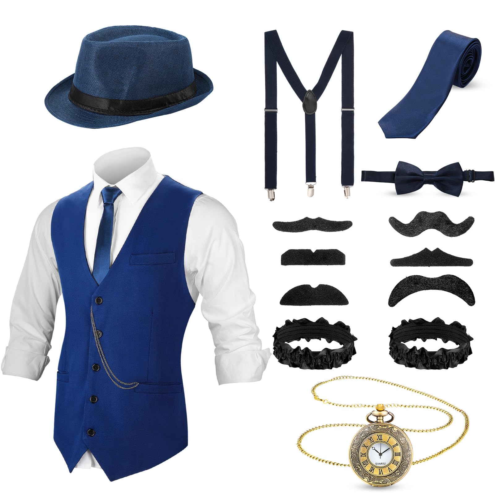 1920s Mens Costume Roaring Costumes Outfit with 20s Gangster Vest Hat Pocket Watch Suspenders
