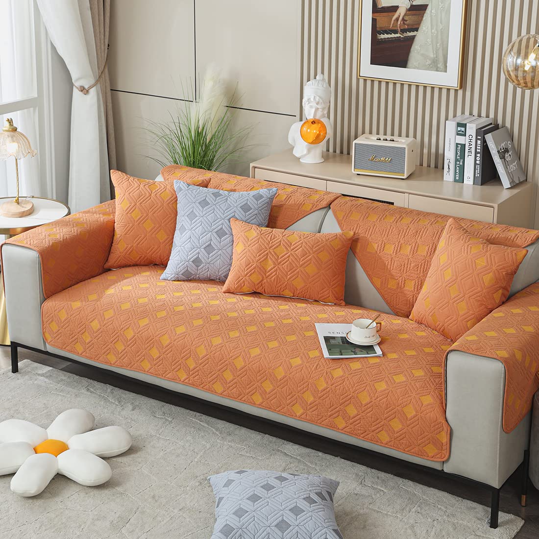 Amazon｜ファームハウスチェック柄刺繍カウチソファカバー コットン