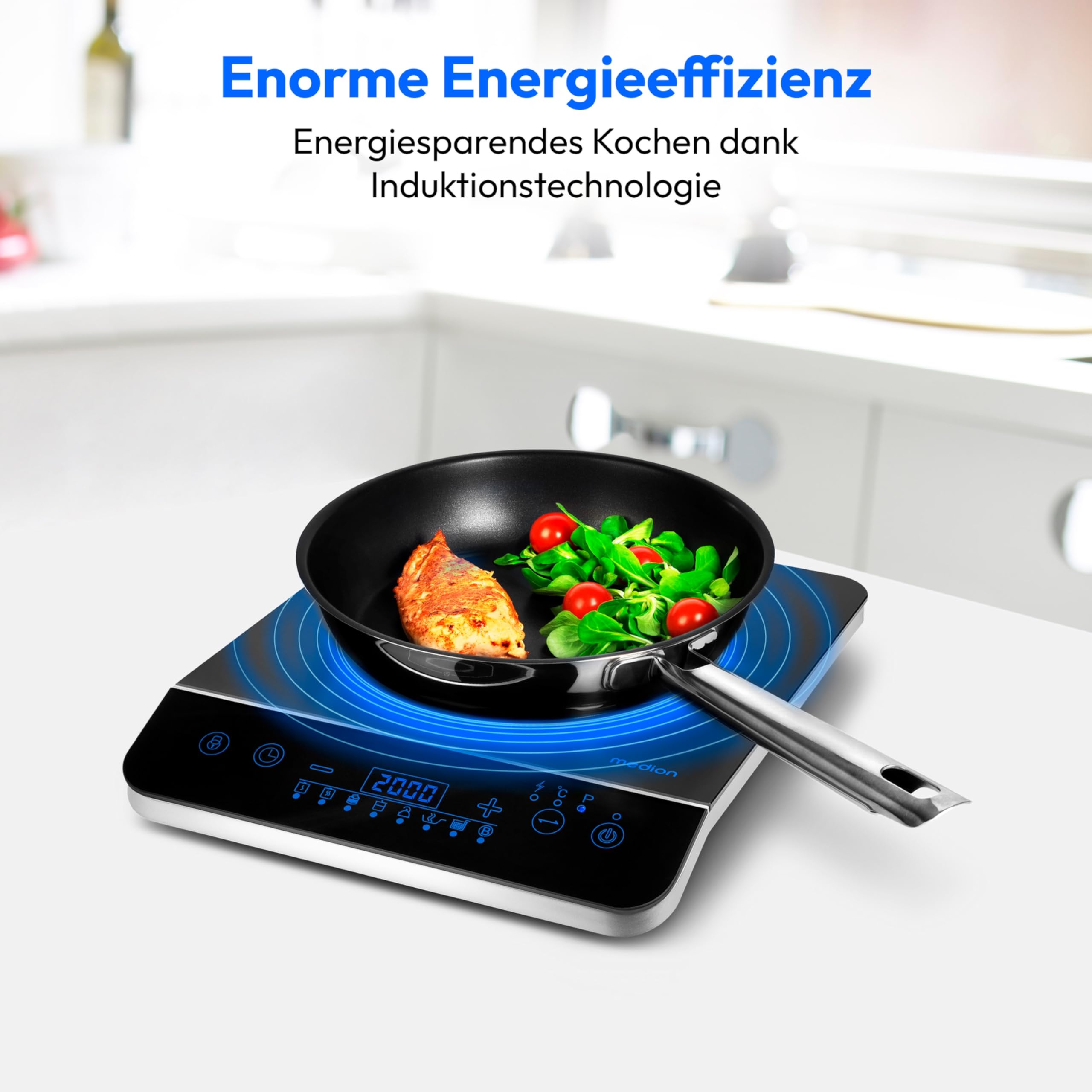 MEDION Induktionskochplatte 2000 Watt 60-240°C 8 Automatikprogramme 10 Leistungsstufen LED Display schwarz