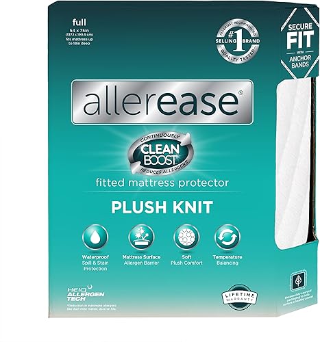 AllerEase CleanBoost - Protector de colchón de punto de felpa, impermeable, barrera de partículas, equilibrio de temperatura, felpa suave, cómodo,