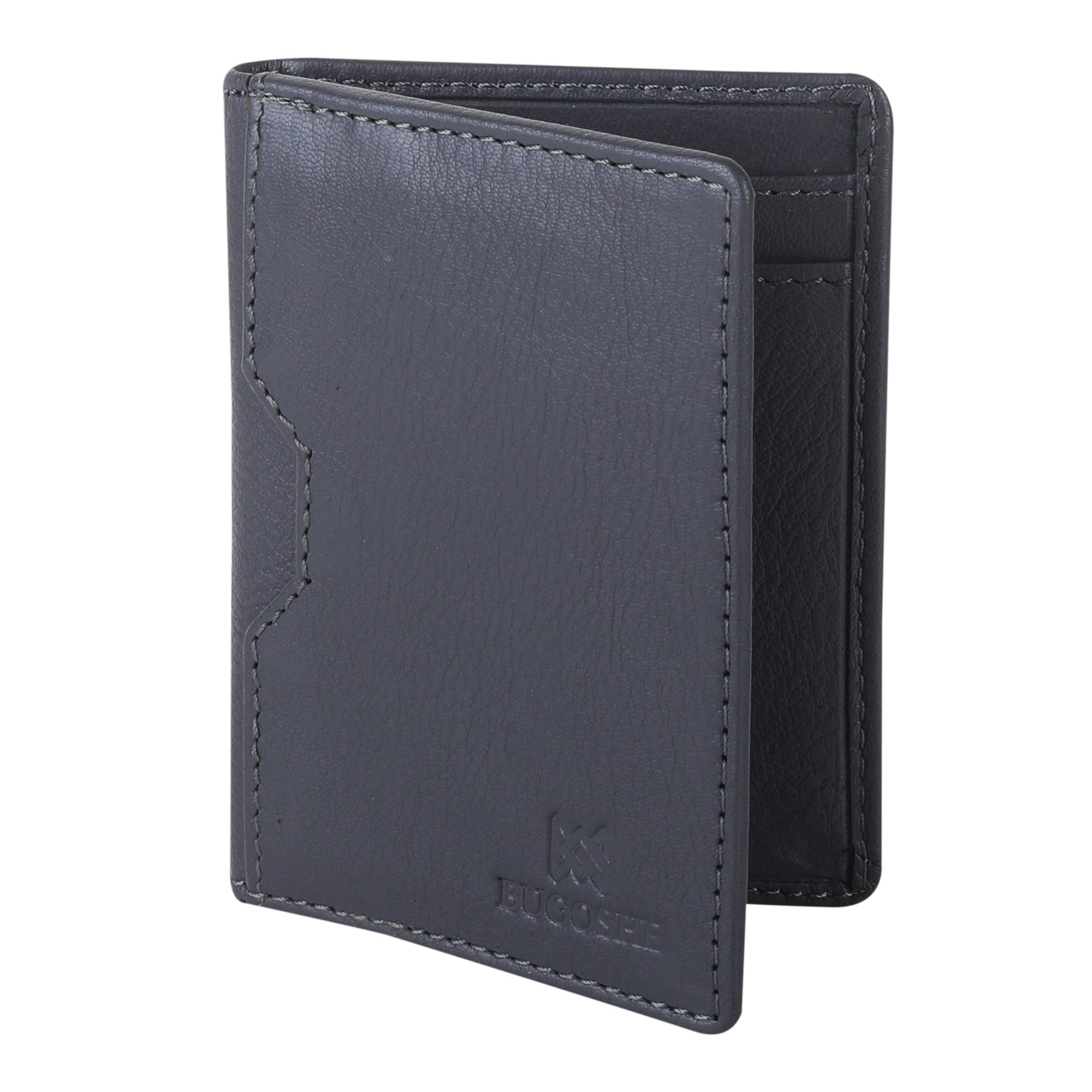 BUGOSHEMen's RFID Secure Nappa Leather Slim Credit Card Holder Wallet (Leather, Grey, Small)