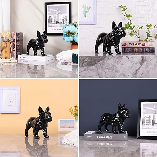 Miniatura 73 de Estatua de bulldog francés sentado de 9 a 12 pulgadas, escultura de animal de perro con collar de plata, collar de plata, mesa de café, cocina