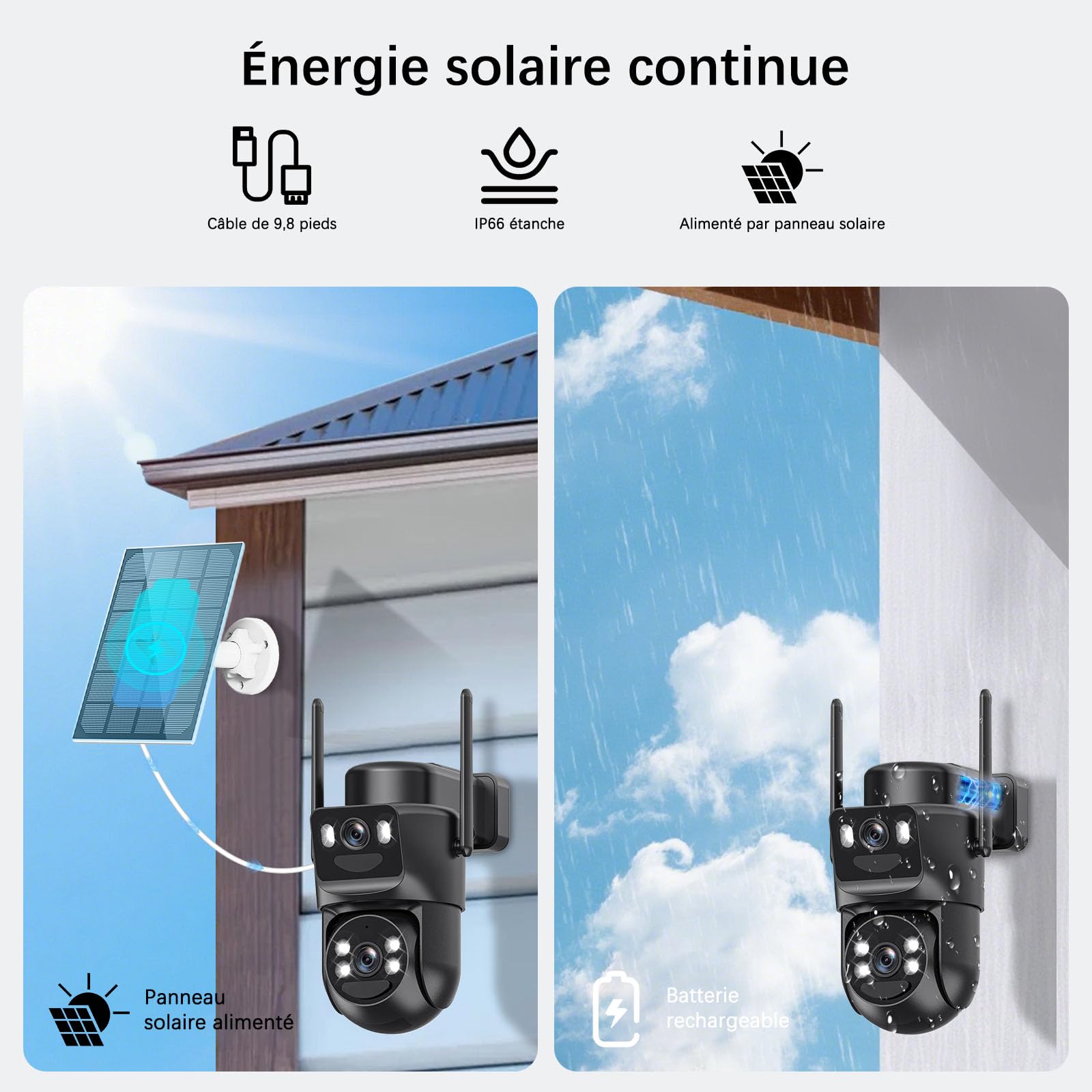 4K Camera Surveillance WiFi Exterieure sans Fil,4 Cam-Kit avec Home Station/Camera Solaire/Double Objectif,360° PTZ Sécurité à Domicile,Vision Vocturne,Alarme,Audio Bidirectionnel,Suivi Automatique