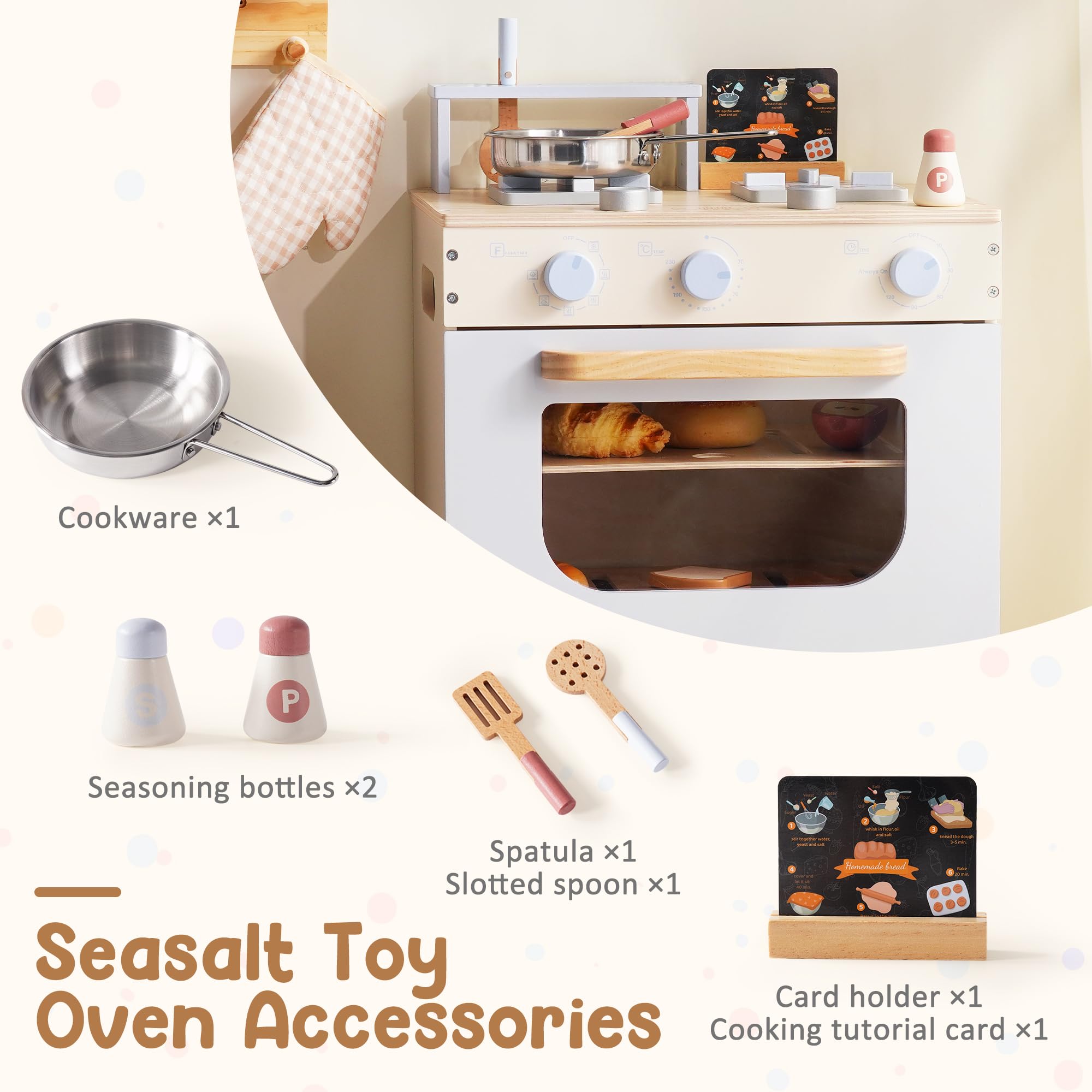 ROBUD Cucina da gioco in legno per bambini, set da cucina con forno giocattolo, fornelli, utensili, biglietti di ricette e pentole, set da cucina per bambini dai 3 anni in su