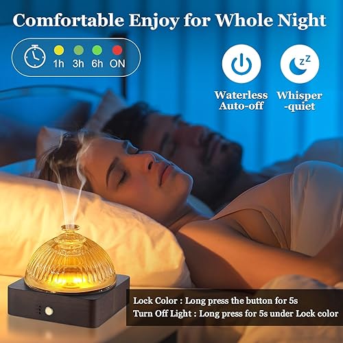 Miniatura 5 de Difusor de aceite esencial de vidrio con depósito de vidrio y base de madera, 6.8 fl oz, bloqueo ultrasónico, temporizador de color, apagado