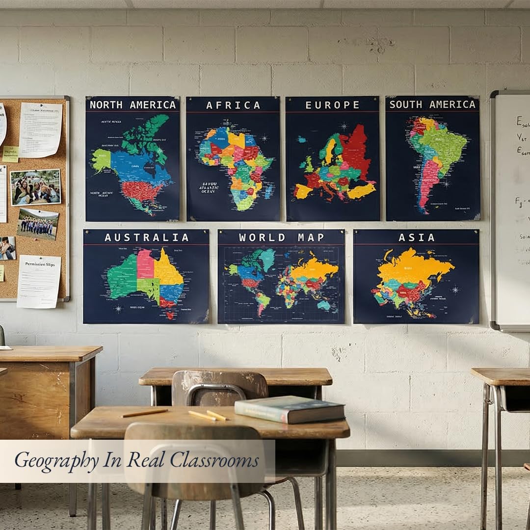 Lot de posters avec carte du monde et carte des États-Unis – Décoration murale éducative pour salle de classe – Continents bleus – Affiches d'aide à l'apprentissage visuel pour enfants et écoles –
