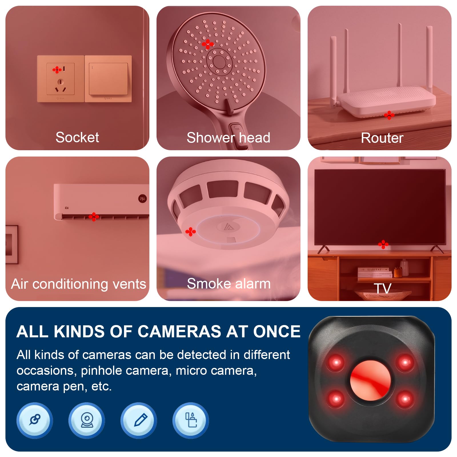 Colexy Rilevatore di Telecamere Nascoste, Rilevatore di Microspie Portatile, Scanner a Infrarossi Anti-spia, per Hotel Casa Ufficio Viaggi Spogliatoi Bagni - Proteggi la tua Privacy (Nero)
