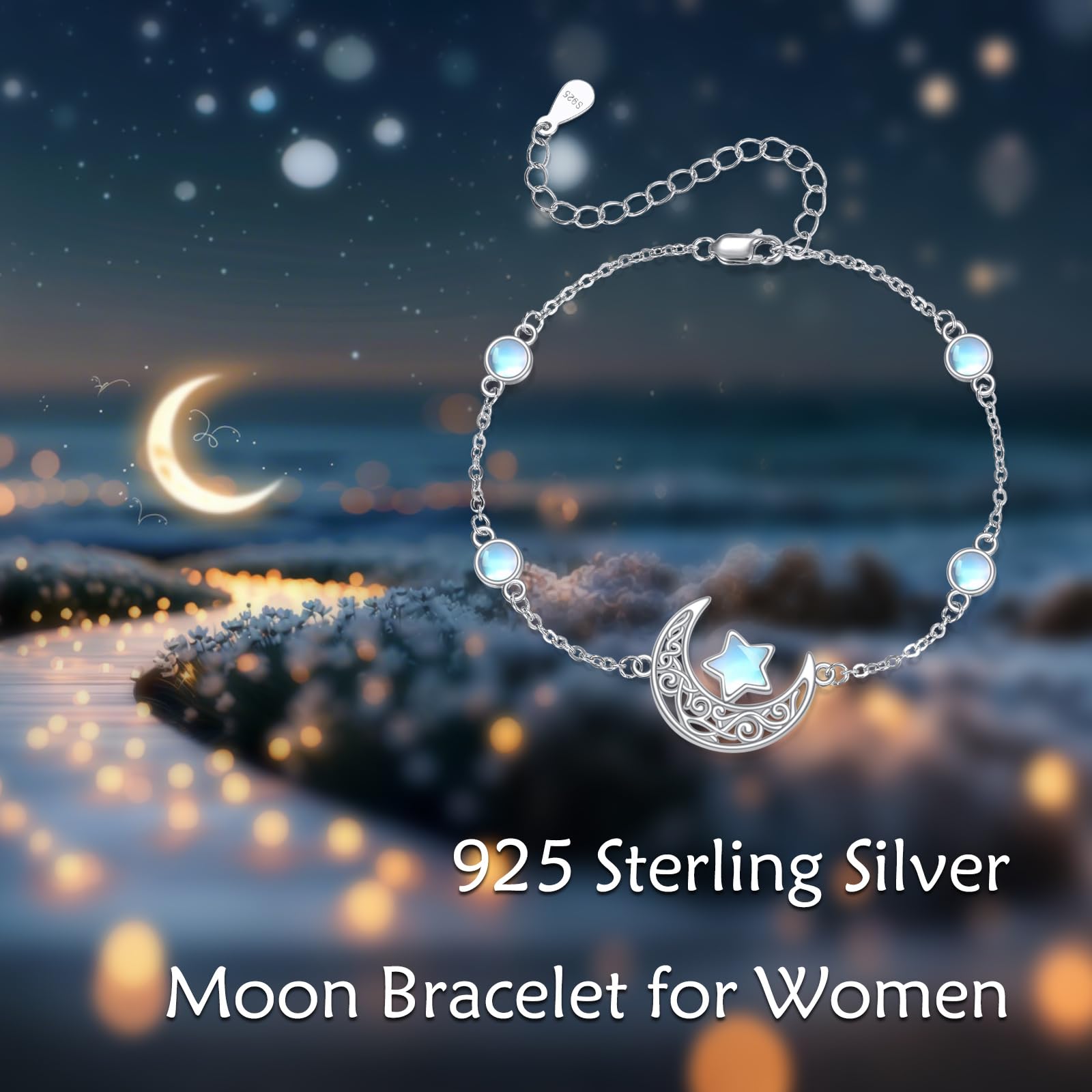 LONAGO Mond und Stern Armband für Damen 925er Sterlingsilber Künstlicher Mondstein Armband als Geschenk