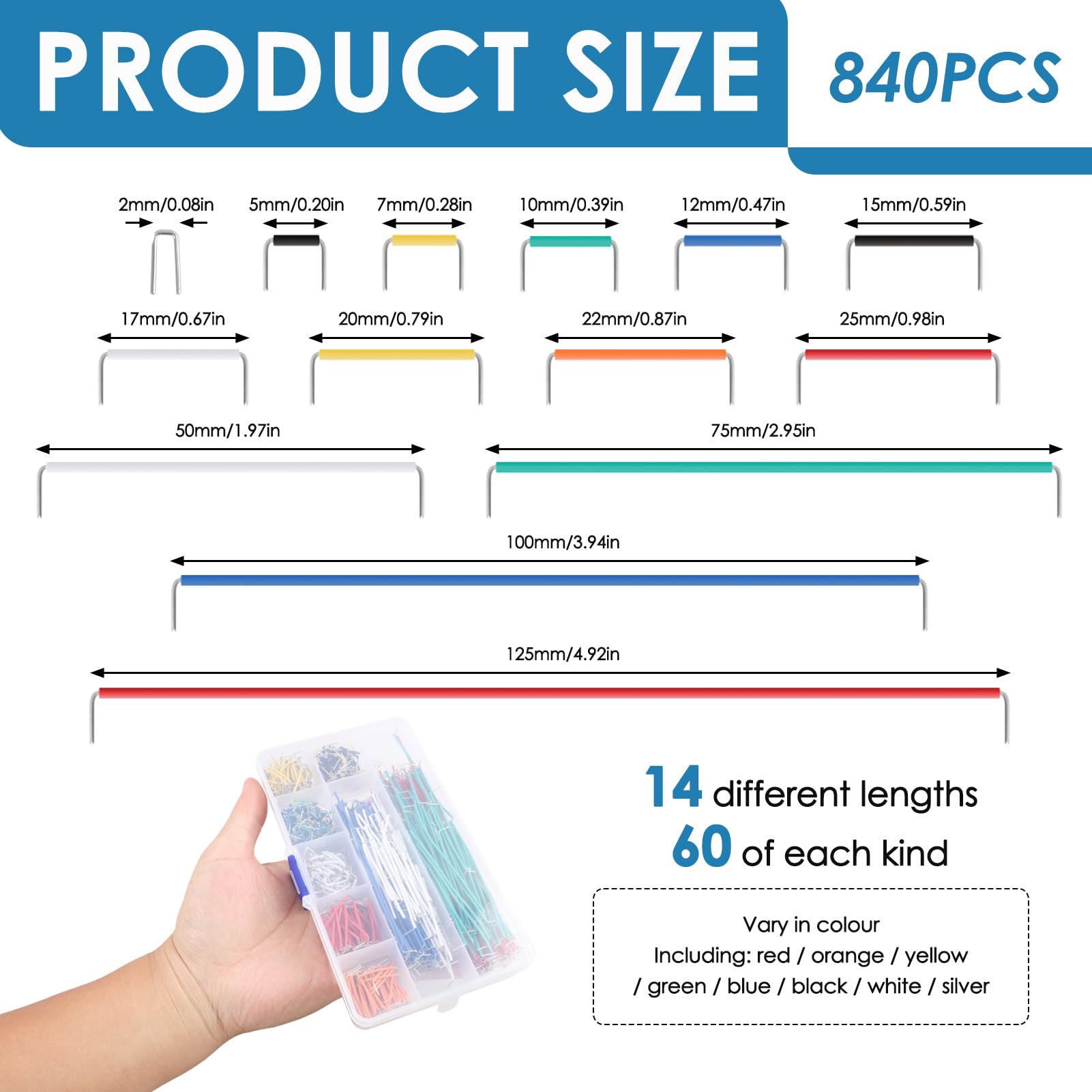 840 Pezzi Cavi Jumper per Breadboard, Cavi Mâle-Mâle a Forma di U, 14 Lunghezze Assortite, U Shape Jumper Wire Breadboard, Scatola di Stoccaggio in Plastica per Progetti Elettronici