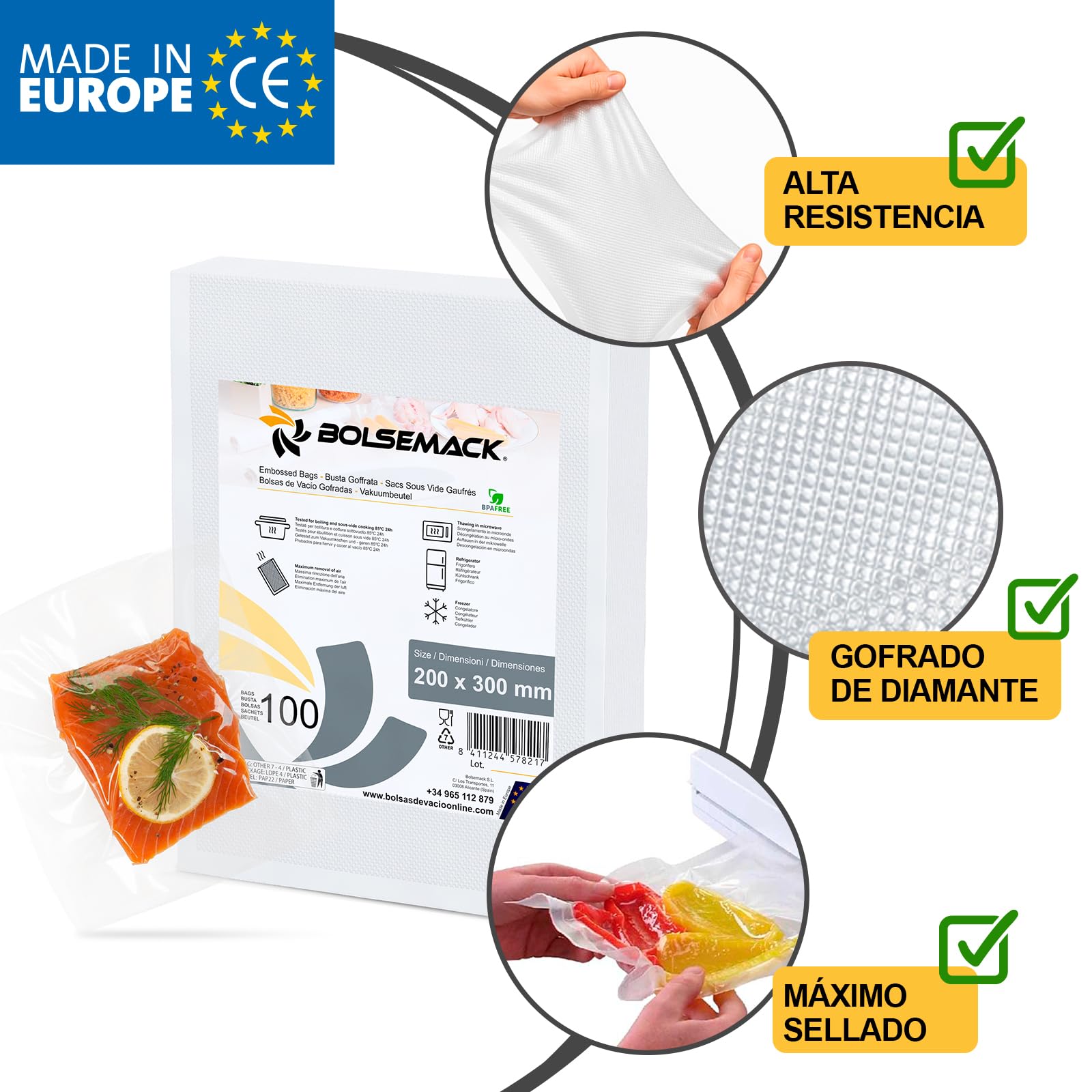 BOLSEMACK Sacchetti Sottovuoto Alimenti 100 Buste 20x25cm - Buste Sottovuoto Alimenti per Macchine Sottovuoto - Sacchetti per Sottovuoto per la Conservazione Degli Alimenti - Senza BPA