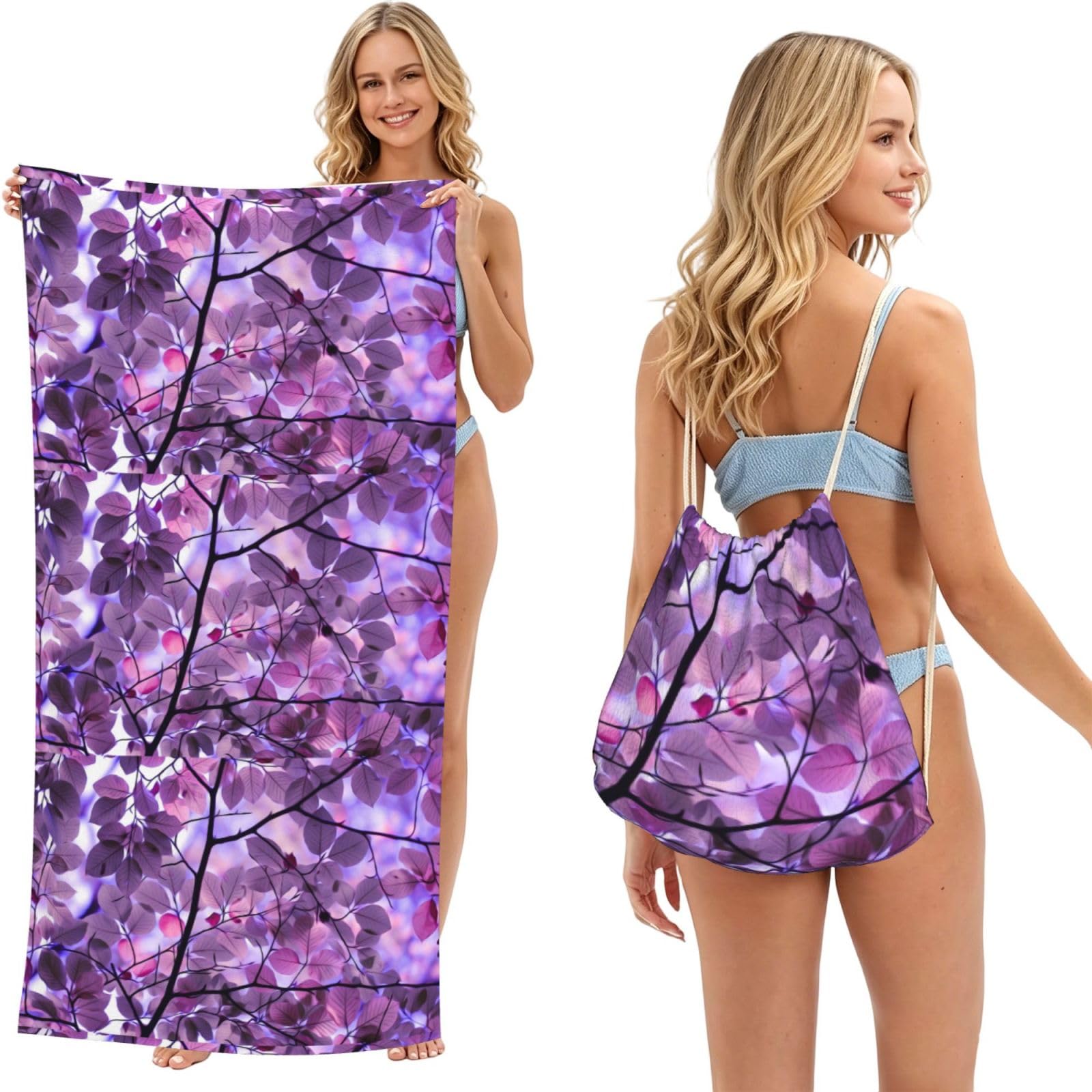 Poadnly As Picture Purple Leaf, 2 In 1 Packable Towel Bag, Beach Towels With Drawstring Backpack For Travel Holiday Camping