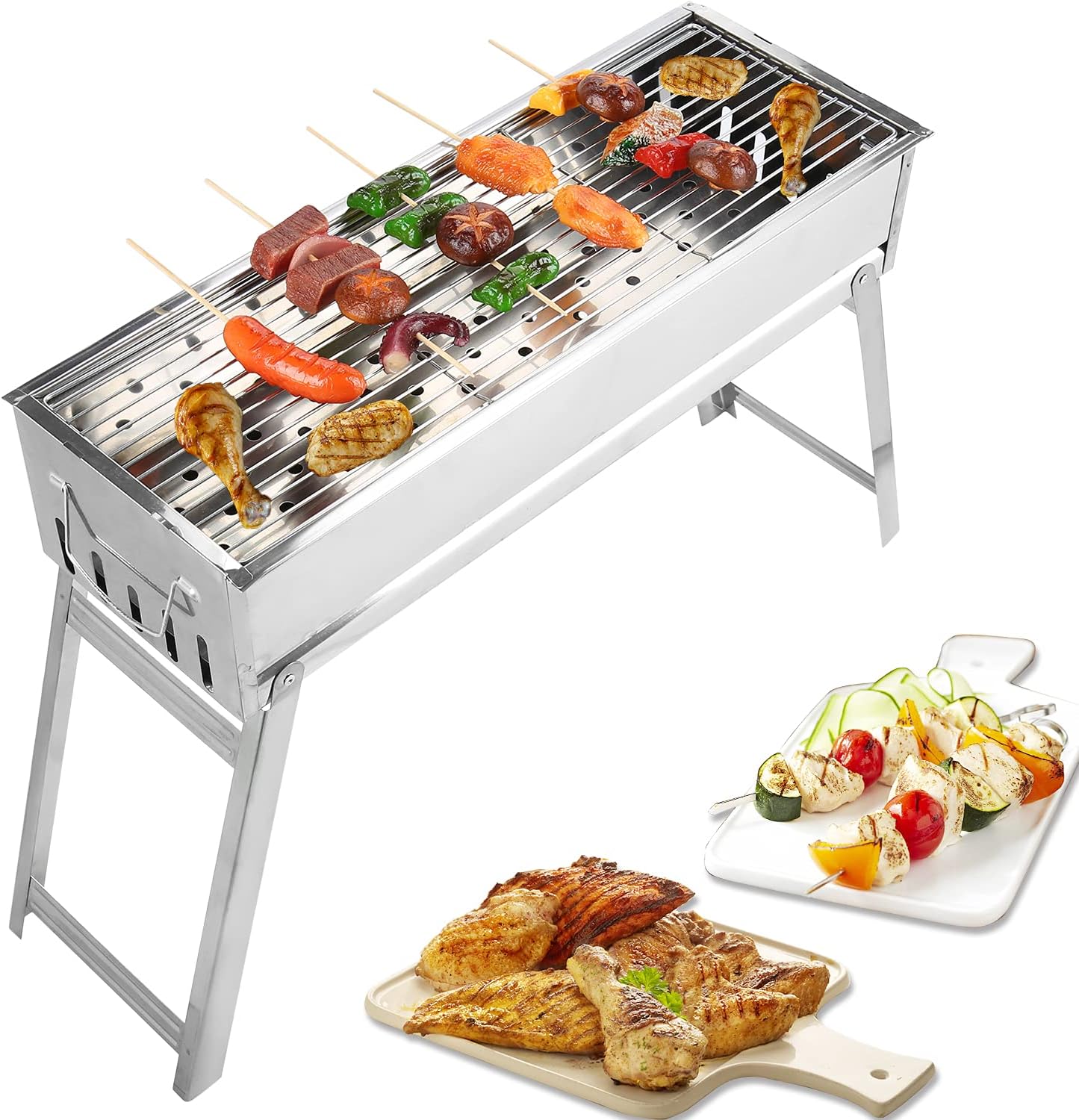 Portbale Charcoal BBQ Grill Stainless Steel Foldable Outdoor Barbecue Grill Barbecue Tool Kits for Outdoor Picnic Patio Backyard Camping Cooking (23.6''x9.1'')