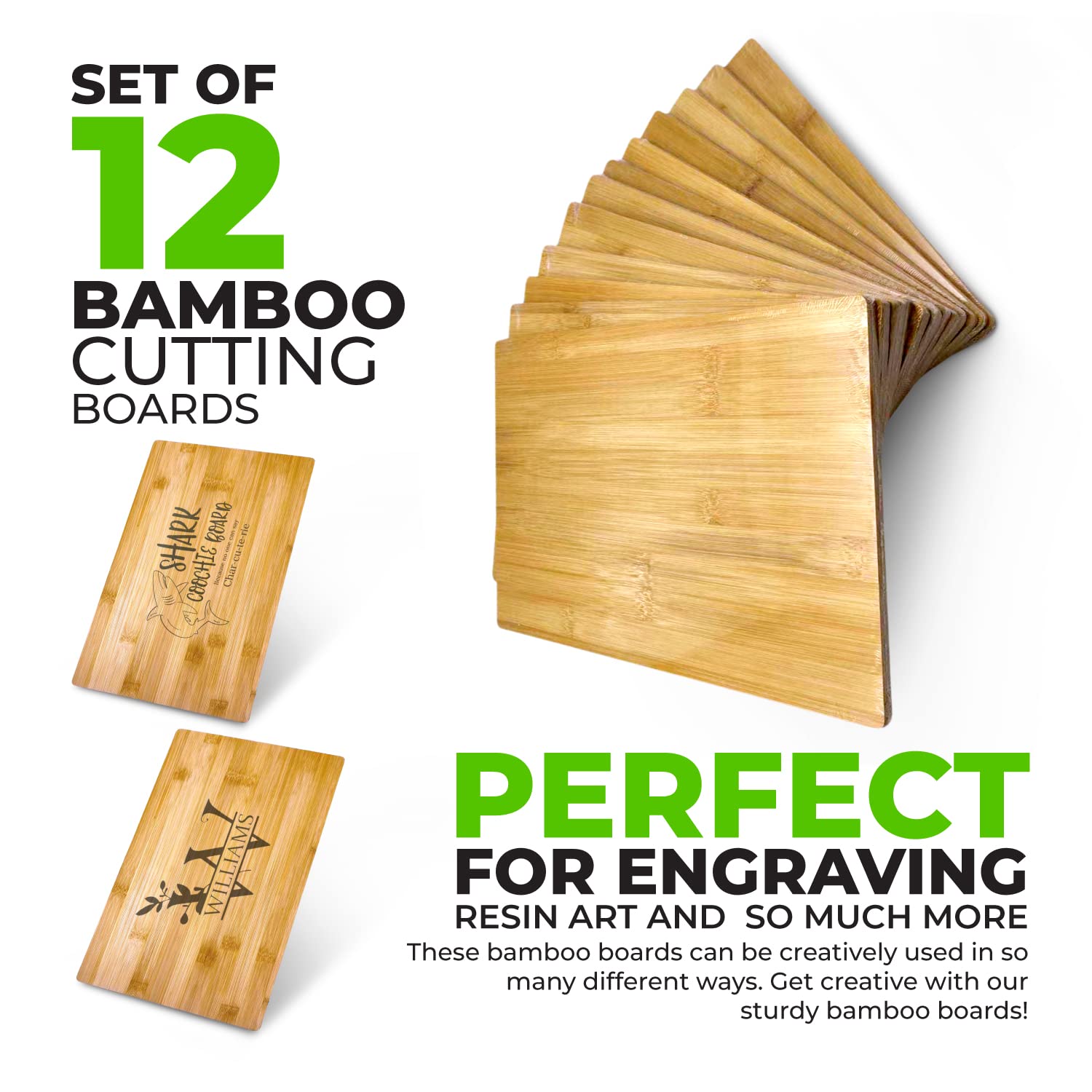 Tabla de cortar de bambú a granel sin mango (juego de 12) | Para fines de grabado personalizados | Tablero de bambú premium al por mayor (rectangular 12 x 9 pulgadas) (sin asa)