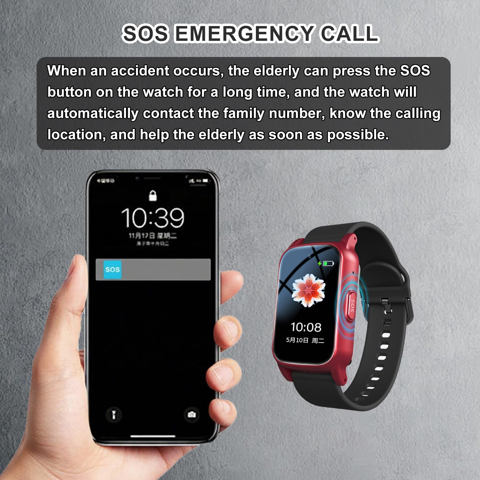 Reloj Localizador Personas Mayores, Reloj con Detección De Caídas, Alarma SOS De Emergencia, Seguimiento GPS En Tiempo Real, Llamadas De Video HDBlack,1.25 * 0.57 * 2.22inch