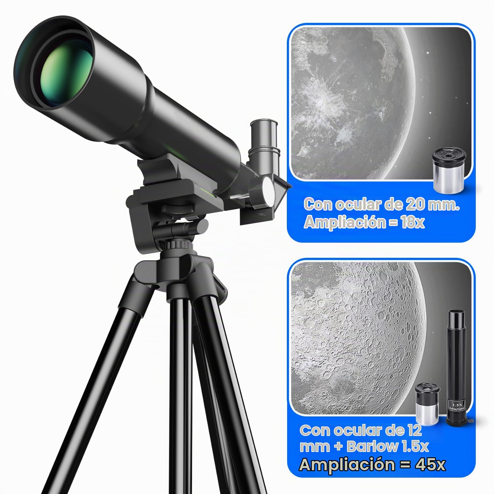 Telescopio para niños, apertura de 50 mm, 360 mm, telescopio astronómico portátil para adultos principiantes con trípode mejorado, color blanco