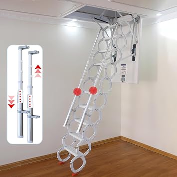 12 Steps Ceiling Mounted Attic Ladder, Retractable Pull Down System Attic Stairs, Telescopic Loft Stairs with Pull Rod, Ceiling Folding Loft Ladder with Handrail for Basement (White, Steps 12)